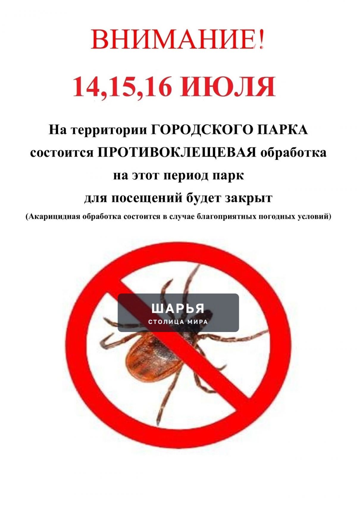 Повторная акарицидная обработка от клещей пройдет в Городском парке — Шарья